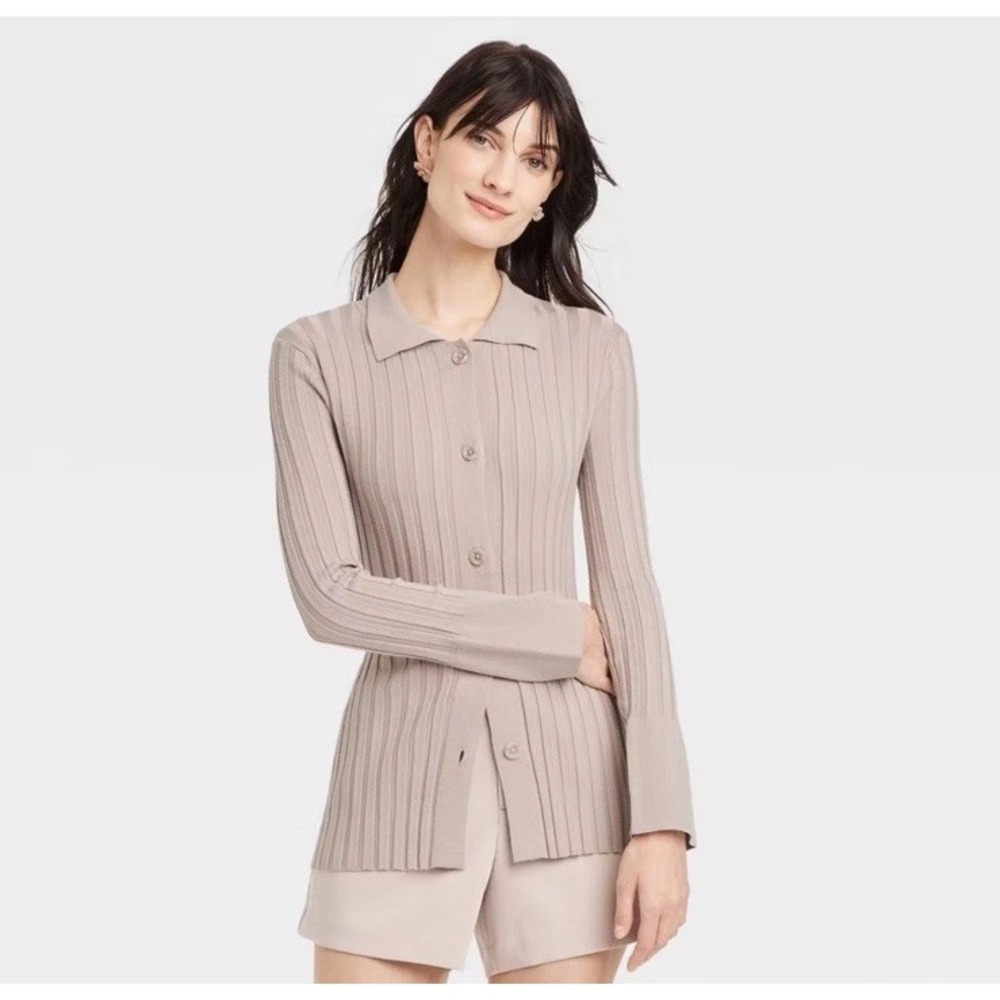 Women's Button-Down Cardigan - A New Day Tan XS Collared Classic Career Wear